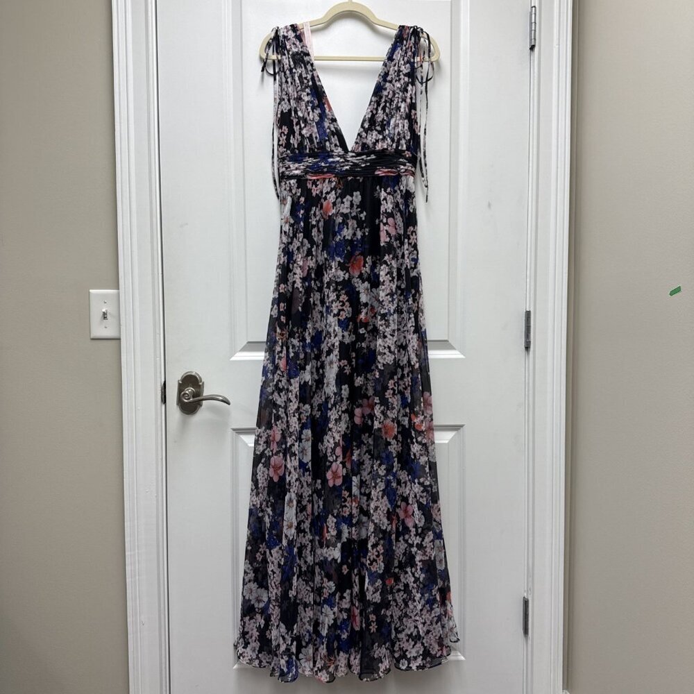 NWT Mac Duggal Size 4 Black Floral Tie Shoulder Chiffon V-Neck Maxi Dress Gown - Picture 4 of 11